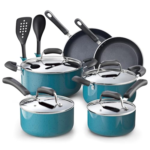 Cook N Home Professional Pots and Pans Nonstick Cookware Set, Kitchen Cooking Set with Frying Pans and Saucepans, Induction Compatible, 12-Piece, Turquoise