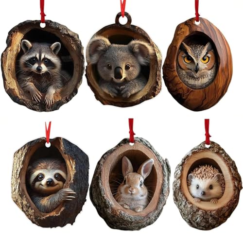 6-Pack Animal Christmas Tree Ornaments | 2D Cute Acrylic Pendant Decorations, Hedgehog, Bunny & Owl Xmas Hanging Decor for Holiday Tree