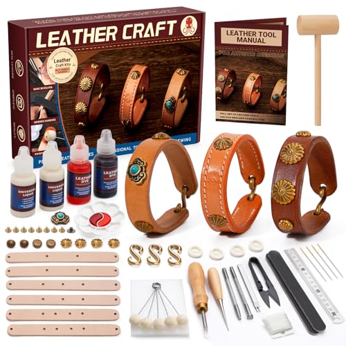 CBHGFEA Leather Crafting Kit, Leather Working Kit, Craft Kits for Adults, Leather Crafting Tools with a Wristband Making Video Tutorial for DIY Beginners