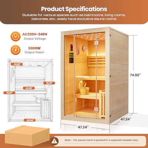 Image of OUTEXER Steam Sauna Traditional Saunas Home Spa Room for 2-3 Person Wet Indoor Saunas 7 Color LED Lights with 240V 3KW Heater, Sauna Stone, Wooden Bucket, Spoon, Thermometer, Hourglass, Cup Holder