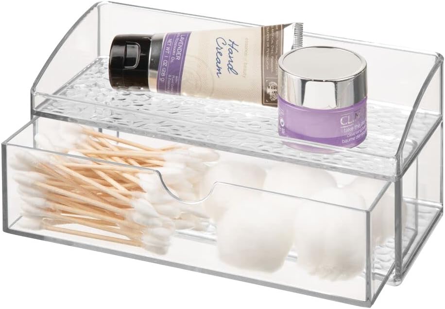 mDesign Compact Plastic Bathroom Organizer Storage Center with 1 Compartment and 1 Drawer for Organizing Contacts, Glasses, Dental Floss, Tweezers, Vitamins, Medicine - Clear
