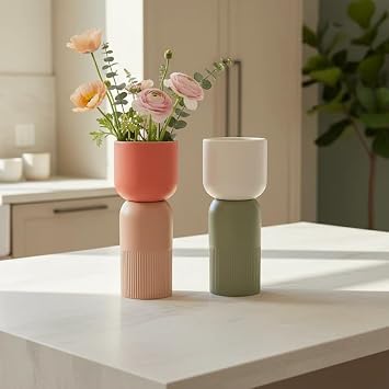 Cloudnola Reversible Ceramic Flower Vase and Bud Vase Set of 2, Pink Beige & Coral and Sage Green & Ivory, Ideal Gift Set for Home, Wedding, and Event Decor