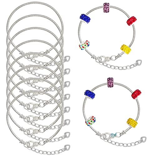 tiggell 10pcs Chain Bracelets Kit Silver Plated Snake Chain with Heart Lobster European Charm...