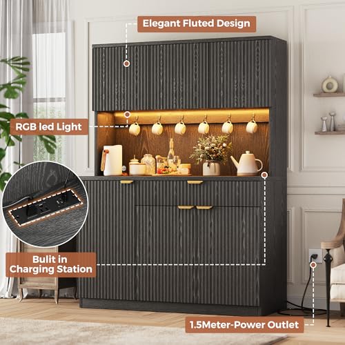 Image of Fluted Pantry Storage Cabinet with Charging Station & LED Light, 71 inch Tall | Large Pantry Cabinet with Microwave Stand / Drawer / Adjustable Shelves, Coffee Bar Storage for Dining Room