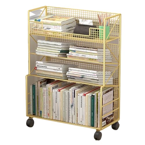 Image of 4-Tier Metal Rolling Utility Cart - Heavy-Duty Bookshelf for Office, Dorm, Classroom, Library & Living Room - Versatile Corner Display & Magazine Rack