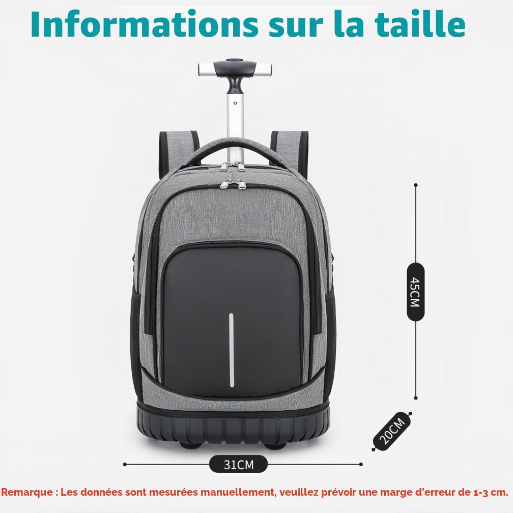 Sac à Dos à Roulette Garçon, Sac Ecole Trolley pour Primaire et Secondaires, Cartable a Roulette Garçons Filles, Noir