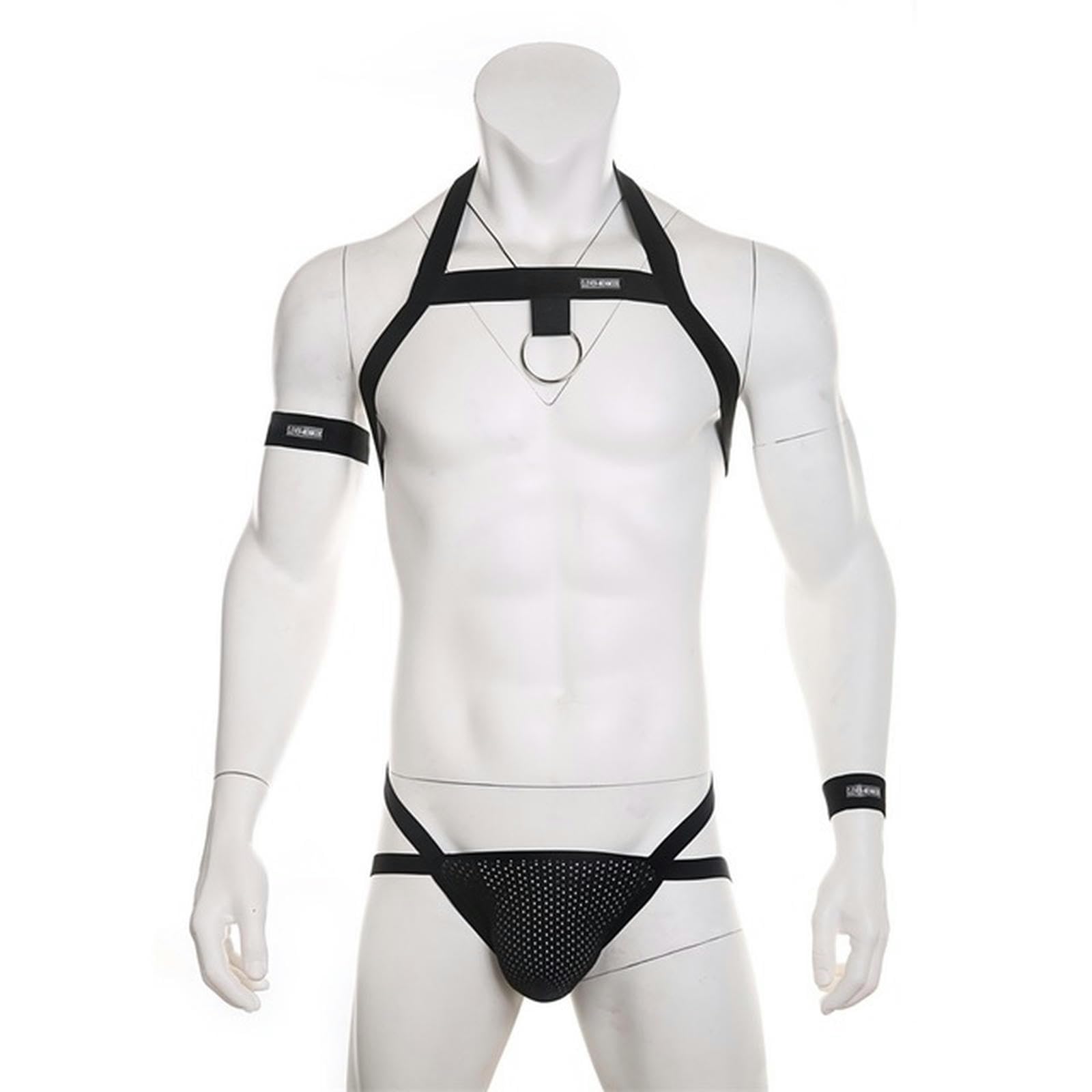Wszjln Men's Black Sexy Underwear Set Shoulder Strap Harness G String Chest Elastic Band Jockstrap Thong Hollow Costume-M