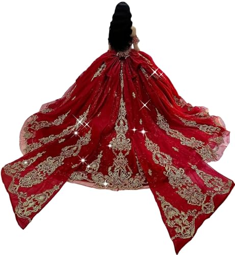 Gold Appliques Quinceanera Dresses Puffy Tulle Ball Gown Beaded Bow Sweet 16 Dresses with Tail Spaghetti Straps PM002