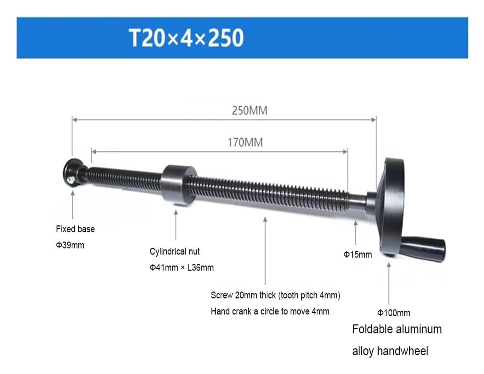 Juego de husillos trapezoidales T20, Longitud 250 mm-1000 mm, husillo Tipo T con Volante, manivela, diámetro del Volante 100 mm(1000mm)