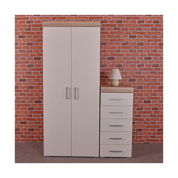 DRP Trading 2 Door Wardrobe & 5 Drawer Tall Boy Chest in White & Sonoma Oak Bedroom Furniture Set - Image 7