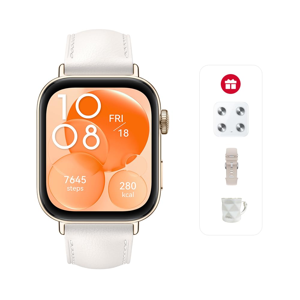 HUAWEIWATCH FIT 3,NFC,1.82" AMOLED Display,Ultra-Slim Design, All-Round Fitness Management, Durable Battery Life, Leather Strap,Compatible with iOS & Android,White + Strap + Scale + Gift