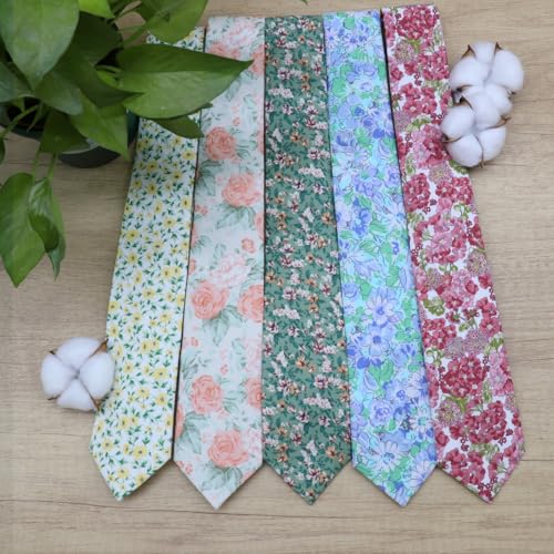 Image of Cotton Floral Ties for Men 2.76 inch Men's Skinny Tie Linen Flower Printed Neck Tie for Wedding Dating Party