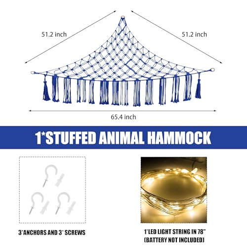 Image of CERETIA Stuffed Animal Hammock with LED Light, Large Stuffed Animals Storage Corner Plushie Net for Kids Room Decor, Jumbo Royal Blue