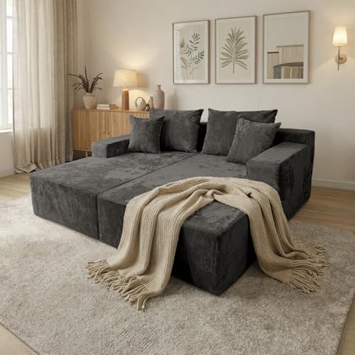Image of Sytopia Loveseat Chaise Lounge with Armrests, Oversized Sofa Bed with 4 Pillows, Cozy Boneless Sleeper, Modular Sectional Couch for Living Room Bedroom, Floor Chair Furniture sala Chenille, Black