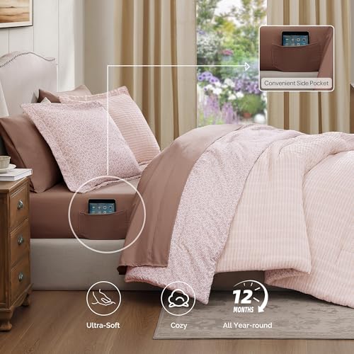 Queen Comforter Set - 7 Pieces Pink Gauze Muslin Bedding Sets for All Seasons, Lightweight Breathable Bed in a Bag Queen with Revesible Farmhouse Comforter, Sheets, Pillowcases & Shams