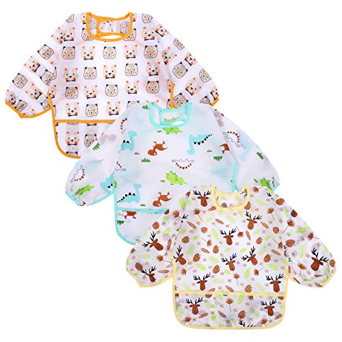 Image of Accmor 3 Pcs Long Sleeve Bibs, Waterproof Baby Bibs, Toddler Sleeved Bib, Baby Smock for Eating Feeding, 6-24 Months