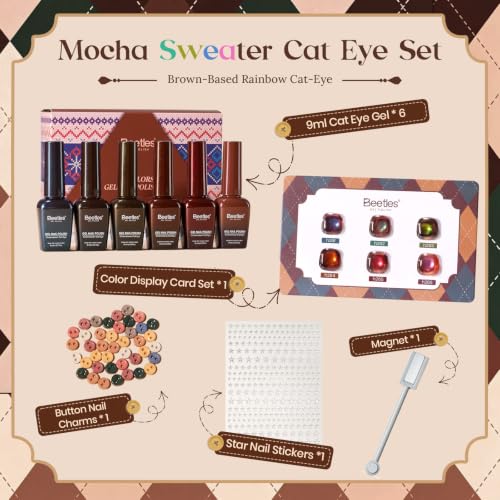 Image of Beetles Mocha Sweater Cat Eye Gel Nail Polish Set, 6 Colors 9ml Fall Gel | Brown-Based Iridescent Cat Eye Gel Kit Magnetic Effect, Button Charms & Star Stickers & Magnet, Soak Off UV Salon at Home
