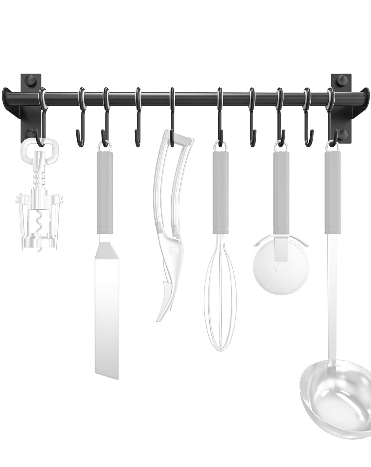 Lesfit Barra Cocina Utensilios, 40 cm Inoxidable Montaje en Pared Colgador Organizador con 10 Ganchos de Ollas y Sartenes, Negro