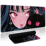 Cute Girl Cat Mouse Pad Anime Large Desk Mat Extended Keyboard Mouse Pad Kawaii Mousepad with Non-Slip Base and Stitched Edge Gaming Mouse Mat Desk Pad 31.5 X 11.8 in Mouse Pads for Desk Home Office