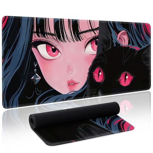 Cute Girl Cat Mouse Pad Anime Large Desk Mat Extended Keyboard Mouse Pad Kawaii Mousepad with Non-Slip Base and Stitched Edge Gaming Mouse Mat Desk Pad 31.5 X 11.8 in Mouse Pads for Desk Home Office