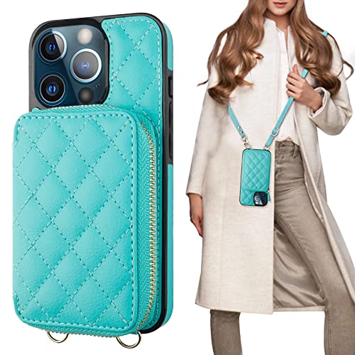 Bocasal Crossbody Wallet Case for iPhone 13 Pro, RFID Blocking PU Leather Zipper Handbag Purse Flip Cover, Kickstand Folio Case with Card Slots Holder Wrist Strap Lanyard 5G 6.1 Inch (Mint Green)