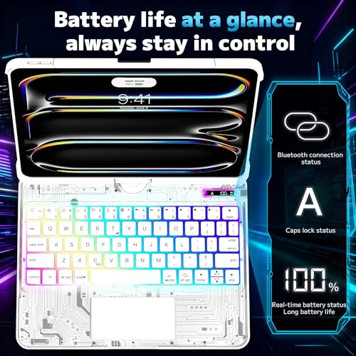 Image of Clear Keyboard Case for iPad Air 13 inch (M3 /M2, 2025 /2024) & Pro 12.9 inch (3 /4 /5 /6th Gen) 360 Swivel Multi-Touch Trackpad with Wireless Bluetooth 7-Color Backlight, Pencil Holder White