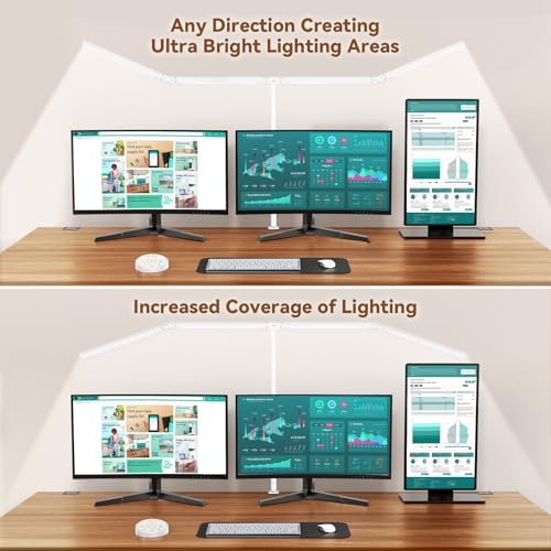 Image of Pzloz Led Desk Lamp with Clamp: Architect Desk Lamp for Home Office, Eye Caring Double Head Computer Monitor Work Desk Light with Remote Control - 24W Flexible Dimmable Desktop Table Lamp White