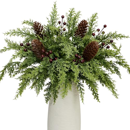40 Pcs Artificial Pine Branches Pinecone Holly Berry Set 12.5 Inch Christmas Greenery Picks Foliage Sprigs Fake Cedar Stems for Xmas Vase Filler DIY Crafts Garland Wreath Home Decor (40 Red Berry)