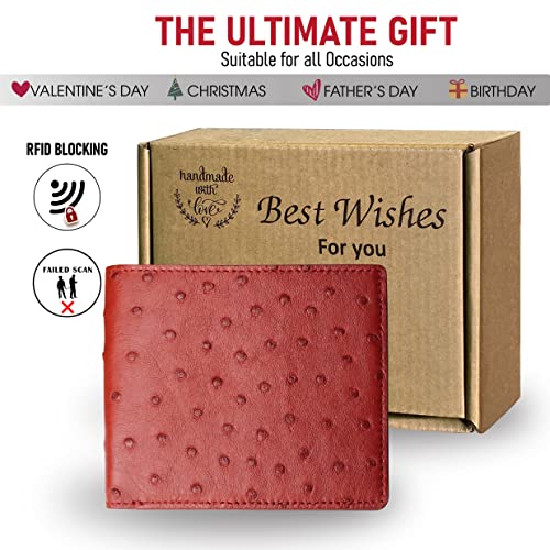 Image of HATA Red Ostrich Leather Bifold Wallet for Men, Double-Sided Ostrich Billfold with RFID Blocking, Handmade Leather Wallet Gift for Birthday, Anniversary, Father's Day VINAMOS-07
