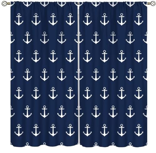 DDCBNS Navy Blue Curtains,Nautical Anchor Print Window Treatments for Bedroom