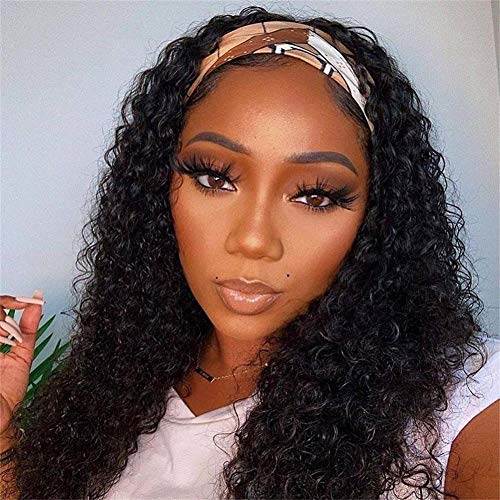 AliPearl Hair Deep Curly Headband Wigs for Black Women Human Hair Kinky Curly Non Lace Front Wigs with Headbands Glueless Brazilian Virgin Hair Machine Made Headband Wig 150% Density (20 Inch)