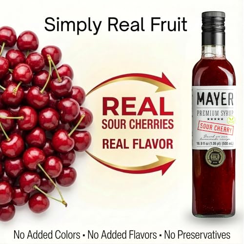 Image of Mayer Sour Cherry Syrup for Drinks and Cocktails, Made with Real Fruit | Tart Cherry Cordial; No Added Colors or Preservatives; Syrup for Soda, Mocktails and Lemonade
