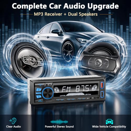 Image of Car Stereo with Speakers, Single Din Radio Bluetooth,Hands-Free Calling, FM MP3 EQ, SD AUX Dual USB Port, iOS Android App Control, 6.5 Inch 4 Way Full Range Coaxial Car Speakers