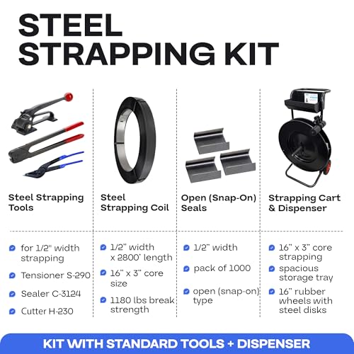 Image of Steel Strapping Kit - 1 /2 inch x 2800' (1180 lbs Break Strength) & 1000 Strapping Seals & Tensioner & Sealer & Dispenser - Extra Durable Packaging Steel Strapping Solution - P.SSK.12.FULL by IDL Packaging