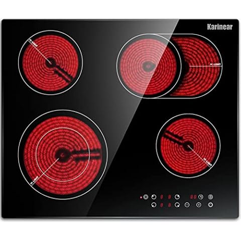 Karinear Ceramic Hob, 60cm Built-in 4 Zones Electric Cooktop with Dual Oval Zone 6600W, Hard Wired, No Plug Included Cover