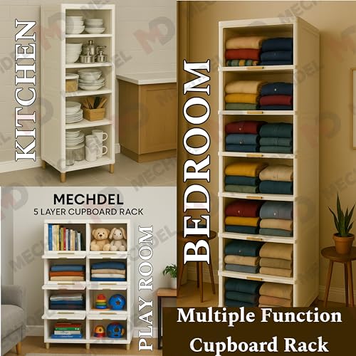 Image of mechdel Cupboard Rack for Clothes Plastic Cabinet for Storages Foldable Wardrobe for Clothes Plastic Cloth Rack for Storages Clothe Storage (Cupboard Rack-1 Door - White, 5+5 (Set))