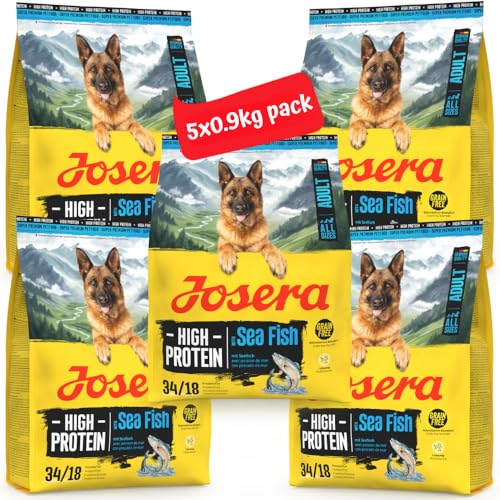 JOSERA Adult High Protein Seefisch (5 x 900 g) | Premium Trockenfutter für ausgewachsene & sportliche Hunde | Lachs & Süßkartoffel | getreidefrei & proteinreich | L- Carnitin & Taurin | 5er Pack