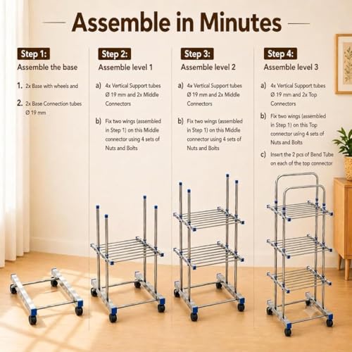 Image of Xmart India 304 Stainless Steel Foldable Clothes Drying Stand | 3 Layer Laundry Drying Rack with Wheels | Heavy Duty Cloth Dryer Stand for Balcony, Indoor & Outdoor (3 Layer Steel Cloth Drying Stand)