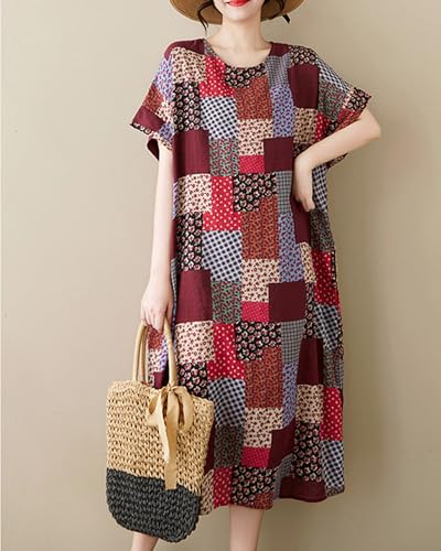Image of LUZU JUNU Women's Summer Baggy Plus Size Loose Cotton Linen Long Boho Beach Dress with Pockets