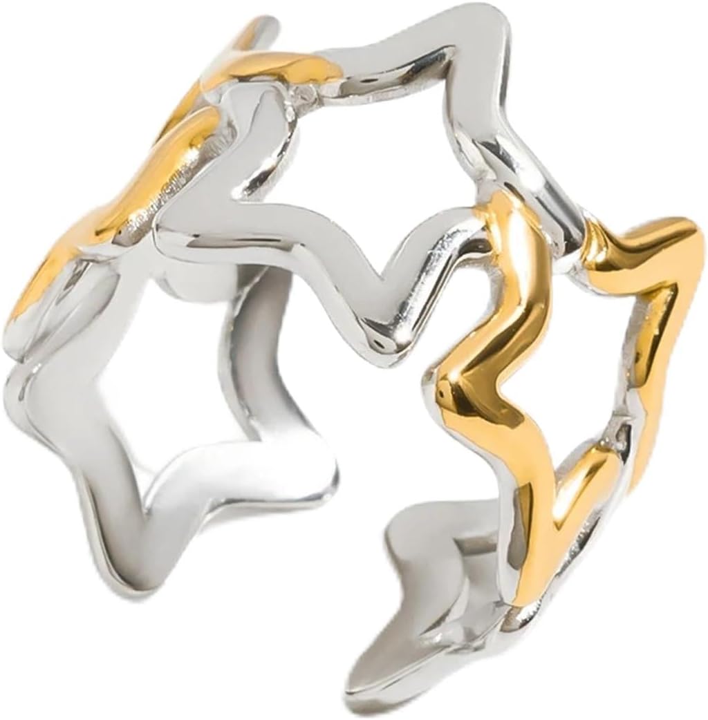 Two Color Skeleton Star Geometric Open Ring For Gift Stainless Steel Finger Jewelry Adjustable Ring