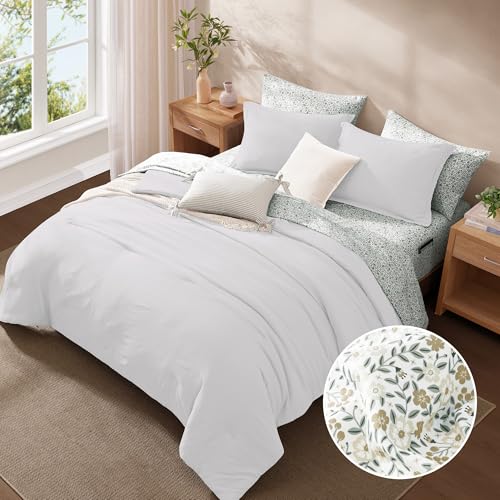 Image of Monbix Full Size Comforter Sets-7 Pieces Soft Bed in a Bag Full Bedding Set | All Season White Prewashed Comforter Bed Set with Striped Sheets, Pillowcases & Shams