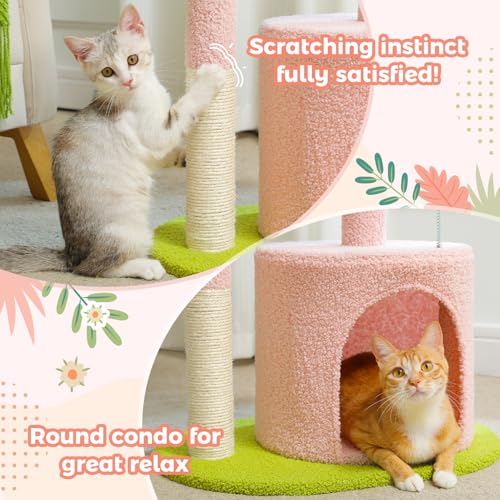 Image of PAWZ Road Flower Cat Tree Pink 32 inch Small Cat Tower Cat Scratching Post with Curved Perch, Cozy Cat Condo Removable Flower Bed for Kittens and Small Cats-Pink