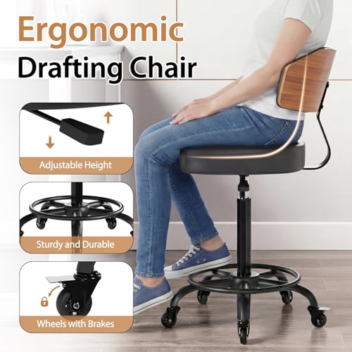 Image of Drafting Chair with Lockable Wheels, Tall Chair Adjustable Stool with Curved Walnut Backrest and Footrest Ring, PU Leather Ergonomic Rolling Chair 300LBS Capacity for Office Workstation(Black)