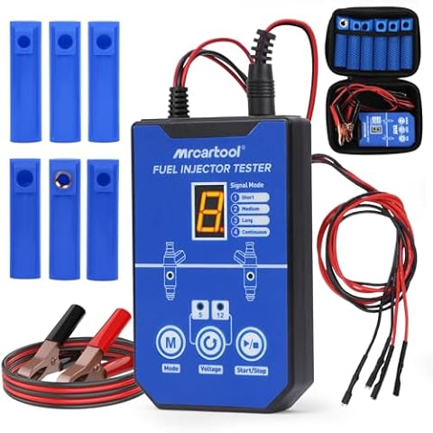 MR CARTOOL Fuel Injector Tester, 8 Pulse Modes Injector Tester Cleaning Tools, 12V/5V Output Power Fuel Injector Tester and Cleaner Kit with 6 Size Cleaning Adapters Cover