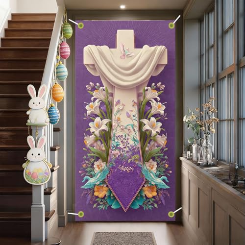 Image of Religious Easter Door Cover Cross and Lilies Banner Jesus Easter Door Decorations for Front Door He Is Risen Outside Home Decor 35.4x71 Inch