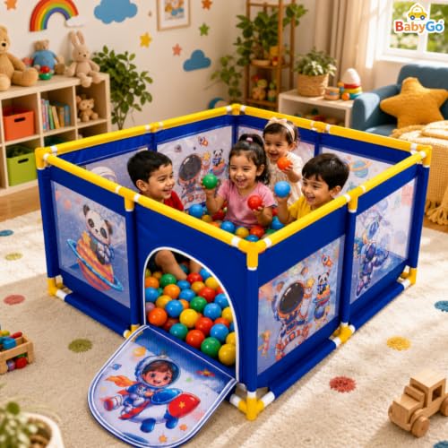 Image of BabyGo Jumbo Size Space Theme Ball Pool for Kids | Indoor and Outdoor Playpen with Safety Fence and Zipper Door | Blue | 101 x 101 x 64 cm | (Balls Not Included)