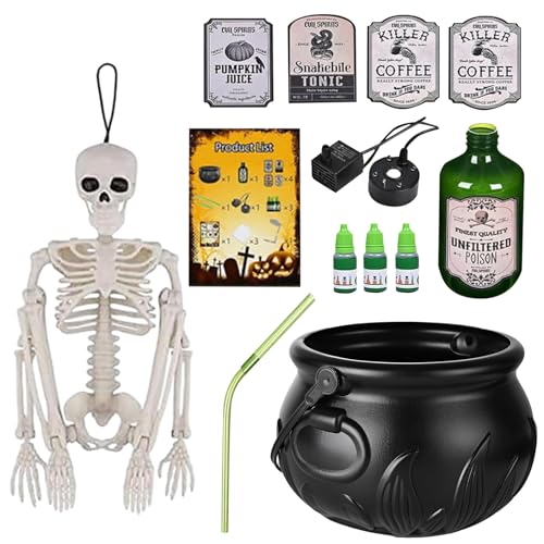 Caudron Halloween bol noir décoratif avec bouteilles de potion et brume flottante