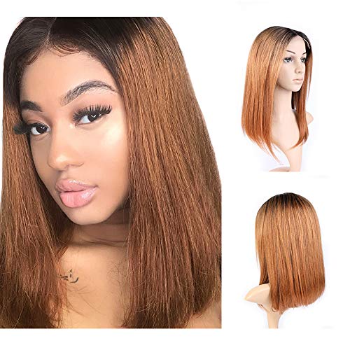SingleBest Ombre Human Hair Bob Wig 8A Brazilian Virgin Remy Hair 130% Density Glueless Lace Front Wigs With Baby Hair Pre Plucked Two Tone Color 1B/30 (16 inch)