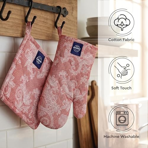 Image of Encasa XO Heat Resistant 100% Cotton Oven Glove & Potholder Set with Loop, Kitchen Cooking Mittens, Microwave Safe Hot Pads (Floral Red)