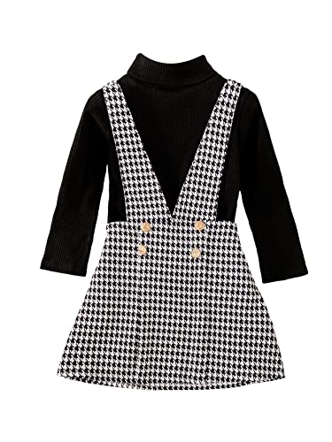 WDIRARA Toddler Girl's 2 Piece High Neck Rib Knit Top and Houndstooth Overall Dress
